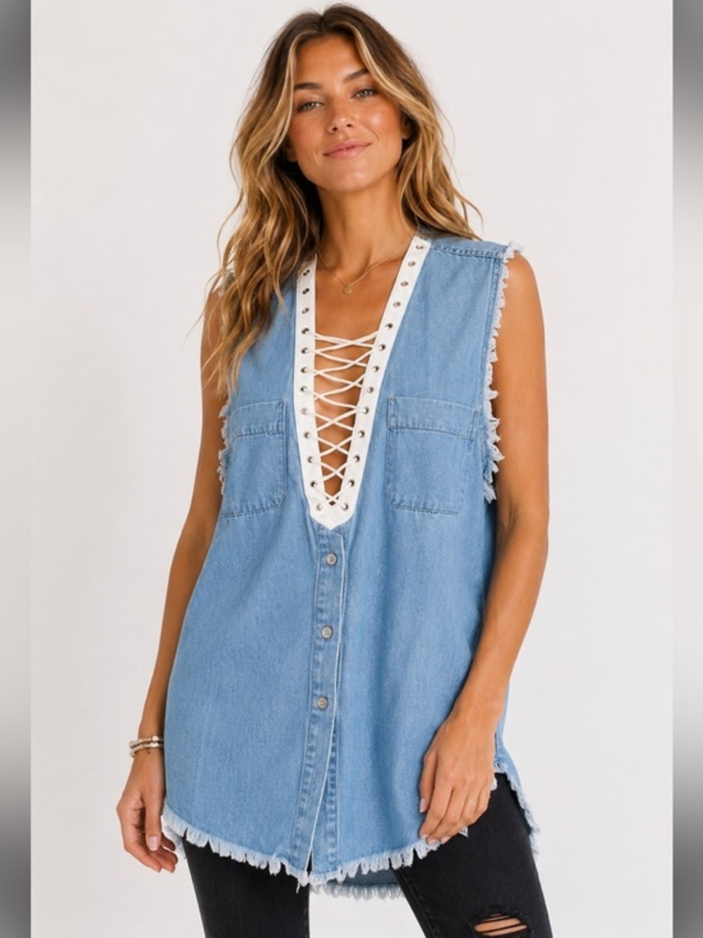 Furst of a Kind Denim Lace Up Tunic Vest Size Medium Distressed Boho Y2K